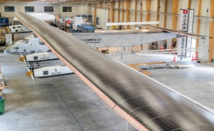 Payerne, Switzerland: Solar Impulse 2, the single seater solar airplane with which Bertrand Piccard and Andr√© Borschberg will attempt in 2015 the first round-the-world solar flight.